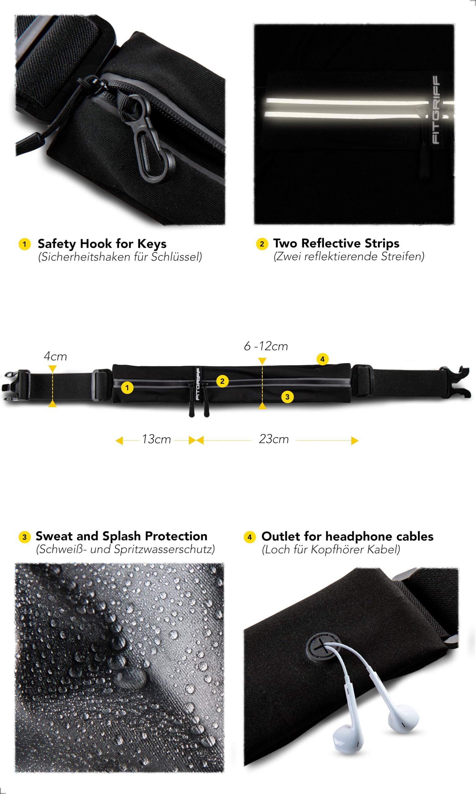 Fitgriff® - Cinturón de correr para hombres y mujeres, bolsa de correr segura para teléfono, llaves y esenciales, para todos los teléfonos celulares, Negro -, Small - Medium, Corte entallado