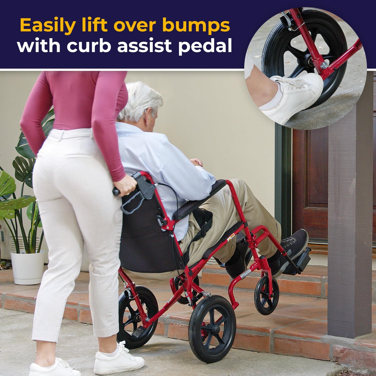 Silla de Ruedas de Transporte Ligera Drive Medical Azul con Frenos Manuales Roja, Tamaño 19