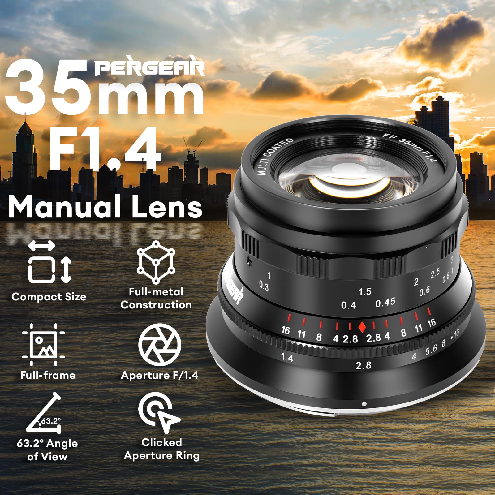 PERGEAR - Lente de Enfoque Manual de fotograma Completo F1.4 de 35 mm, Compatible con cámaras Sony E-Mount A7 A7II A7III A7R A7RII A7RIII A7RIV A7S A7SII A7SIII A9 A7C A6400 A6600 A6100 A6500 A63000