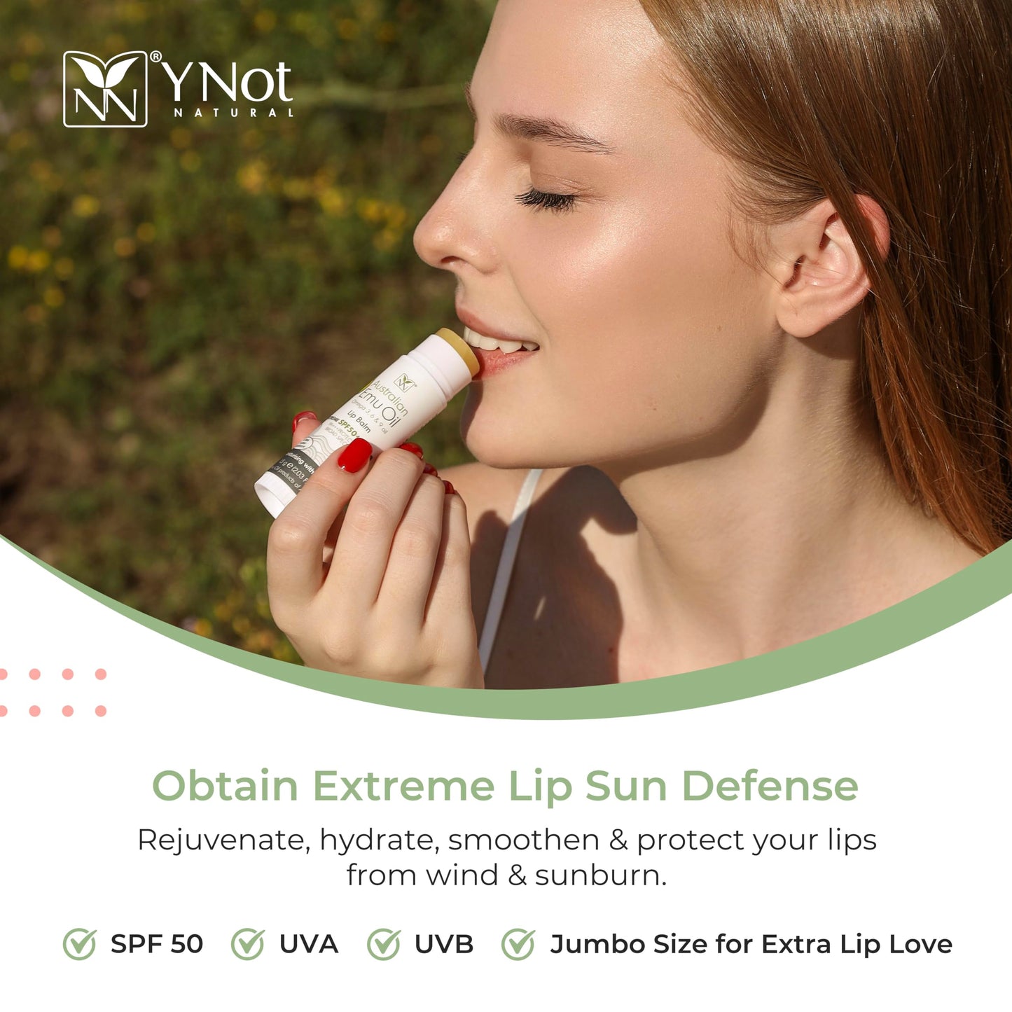Bálsamo Labial Y-Not Natural Emu SPF50+ Resistente al Agua con Vitamina E y Omega 3, 6, 9