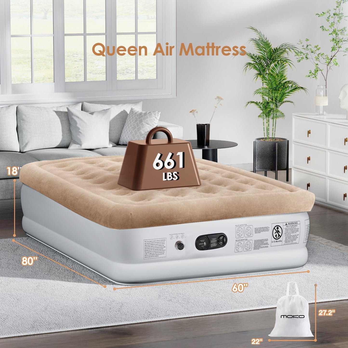 Colchón de Aire Queen con Bomba integrada, colchón Inflable de Lujo de 18 Pulgadas, colchón de soplado rápido de 3 Minutos con Doble cámara, Parte Superior cómoda, Cama de Aire Aterciopelada para el