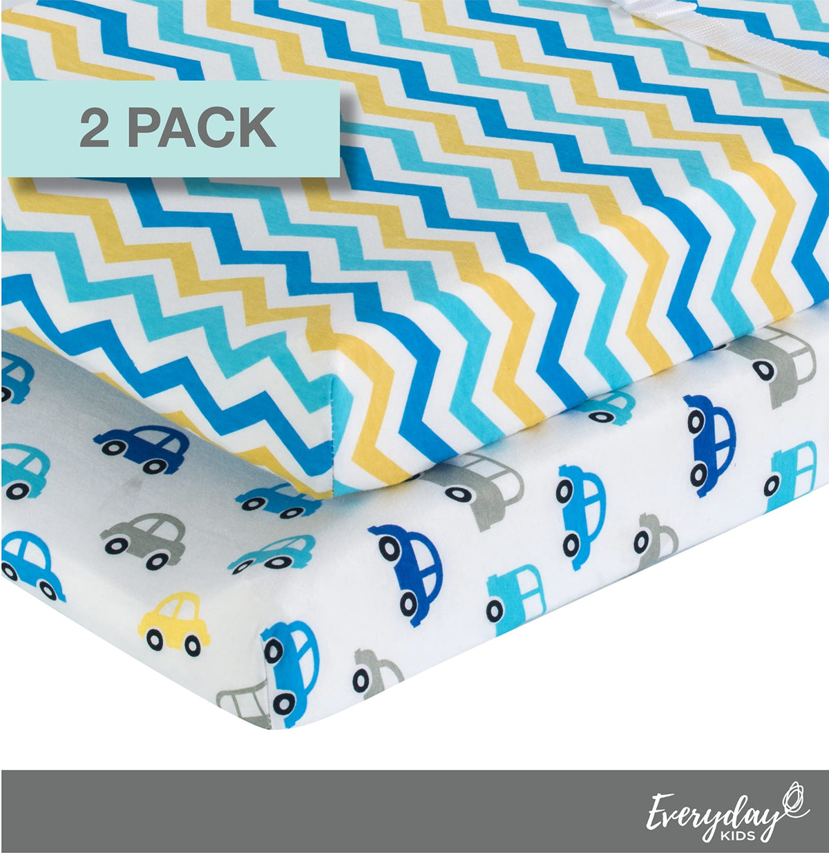 EVERYDAY KIDS - Paquete de 2 fundas para cambiador de bebé para bebé niño, se adapta a la mayoría de los cambiadores de mesa; punto de punto 100% algodón, transpirable, suave cambiador de mesa, coches