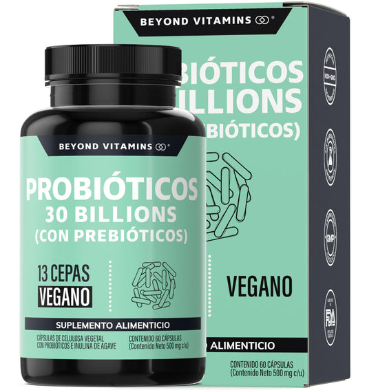 Probióticos Vegano 30 Billion UFC + Prebióticos e Inulina de Agave con Tecnología de Microencapsulación para Hombre y Mujer