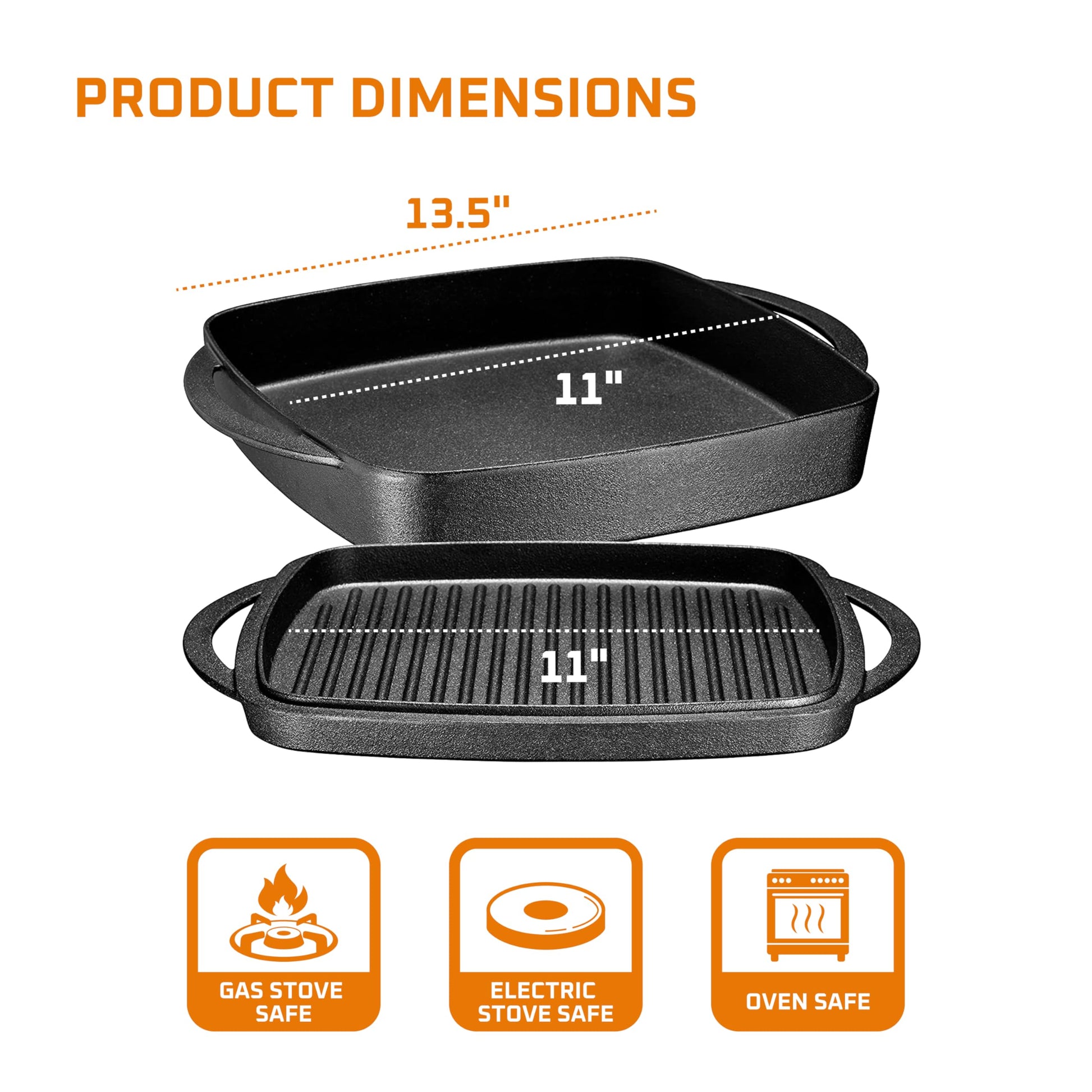 Bruntmor 2 en 1 presazonada de hierro fundido para horno y parrilla holandés con asas duales, cacerola cuadrada antiadherente de 11 pulgadas con tapa, utensilios de cocina de hierro fundido para