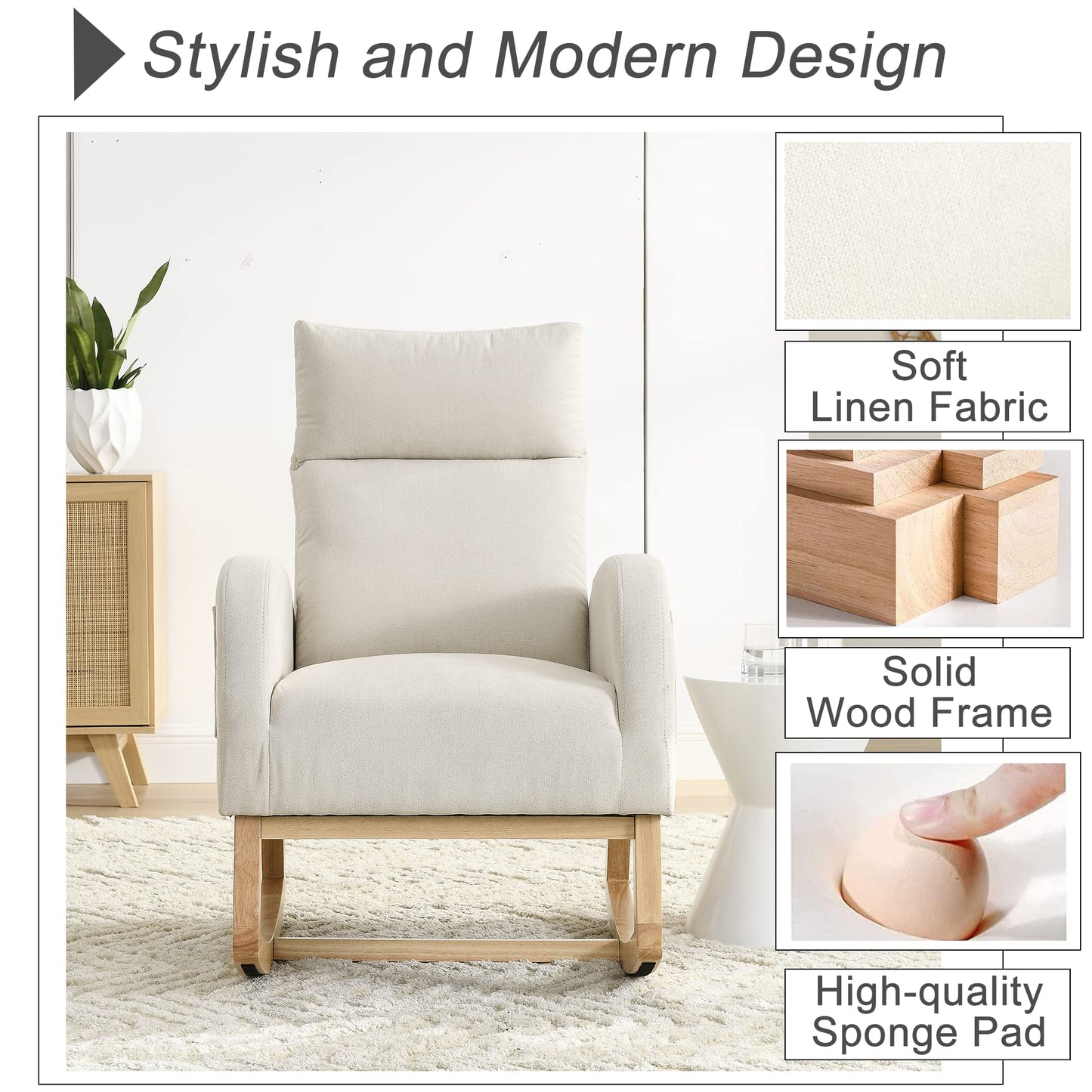 Krinana - Mecedora de guardería con patas de madera maciza, silla planeadora para guardería con dos bolsillos laterales, sillón basculante para sala de estar, recámara (beige, tela de lino)