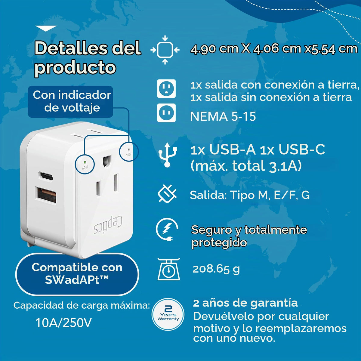 Juego de Adaptador de Corriente Ceptics South Africa Blanco con Doble USB y USB-C para Viaje en África