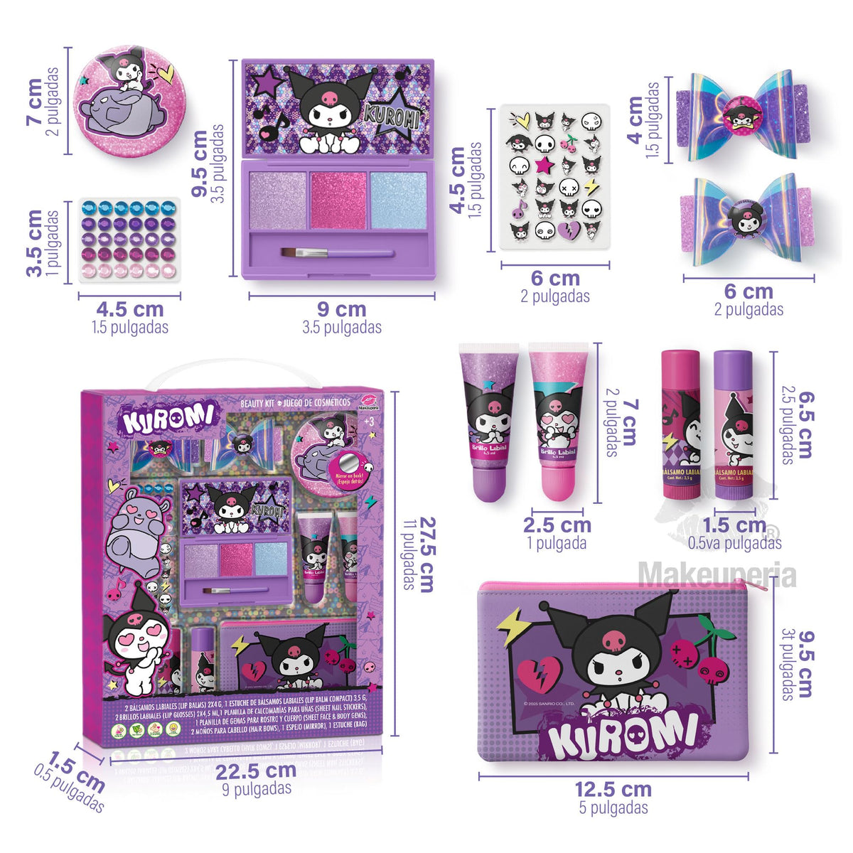 MAKEUPERIA Maquillaje para Niñas de Kuromi, Set de Maquillaje Infantil Lavable con Bálsamos, Brillos, Paleta con Brocha, Clips, Espejo y Bolsa de PVC, Regalo Seguro y Adorable