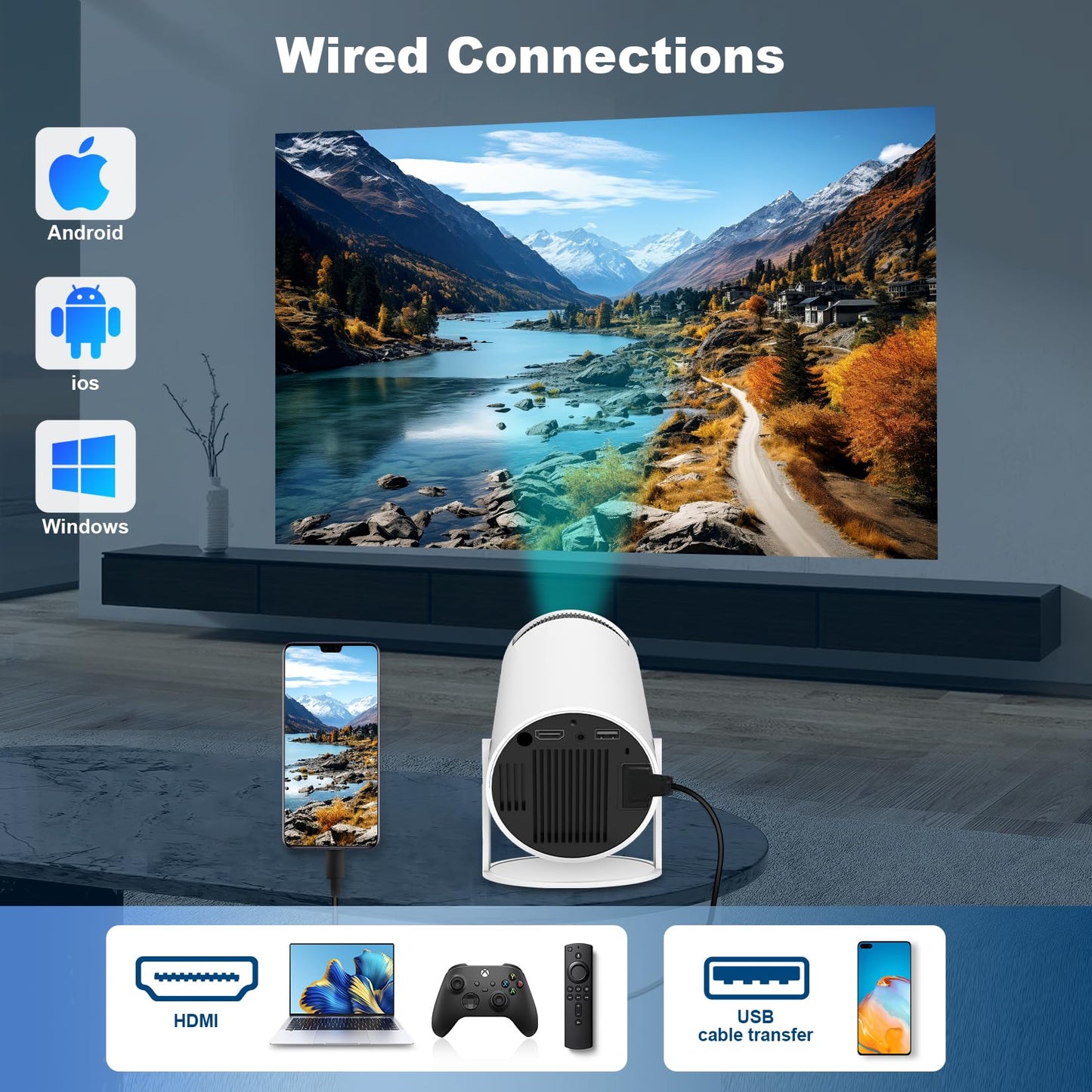Mini Proyector Android 11 Blanco 4K 1080P Doble Banda WiFi6 5G Bluetooth 5.2 200 Lúmenes ANSI Rotación 180° Corrección Automática Keystone