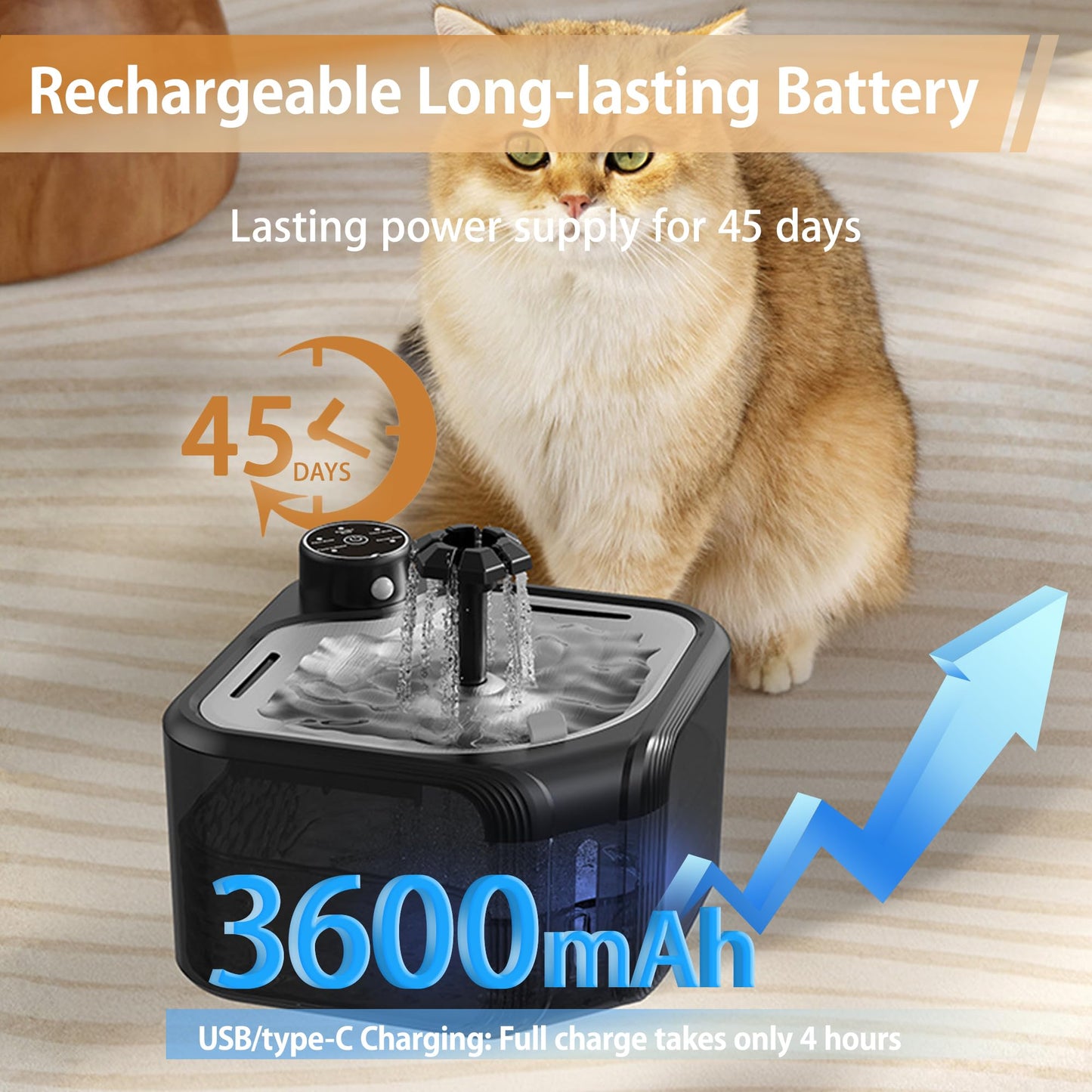Fuente de agua inalámbrica para gatos con paquete de 4 filtros de repuesto de 94 oz/2.8 l, inalámbrica, funciona con pilas, con bandeja de acero inoxidable, dispensador automático de agua para gatos y