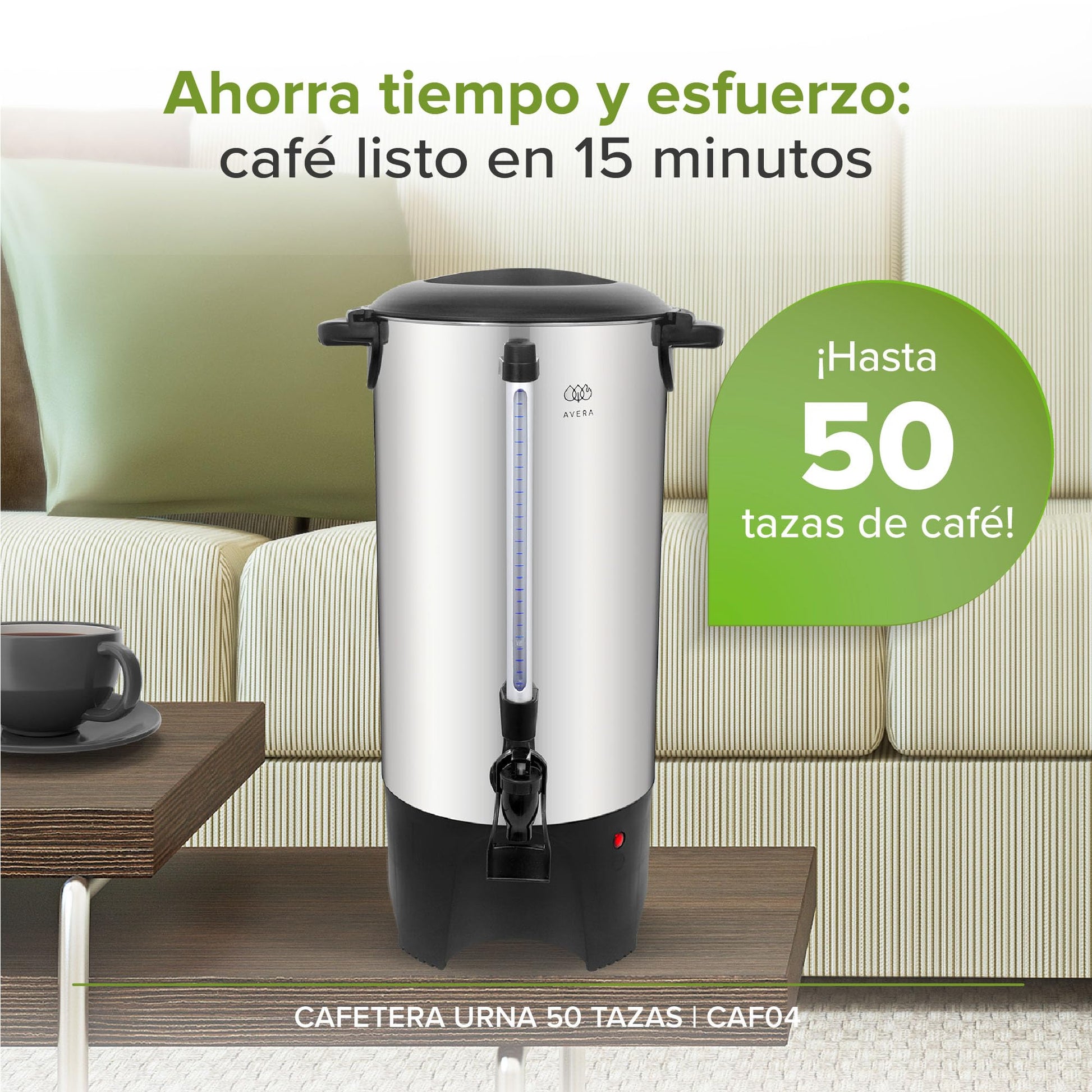 AVERA | Cafetera Urna de Acero Inoxidable para 50 Tazas | Indicador de Nivel de Agua | Luz Indicadora de Funcionamiento | Tapa con Bloqueo de Seguridad | CAF04