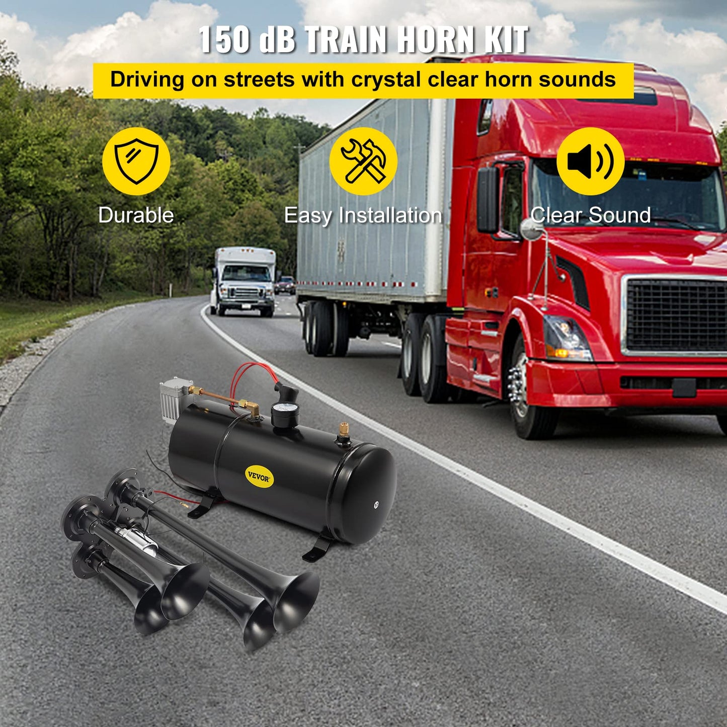 VEVOR Kit de bocinas de tren de 150 dB, 4 trompetas súper fuertes con compresor de aire de 120 PSI 12 V, tanque compresor de aire para cualquier vehículo, camión, coche, Jeep o SUV (negro)
