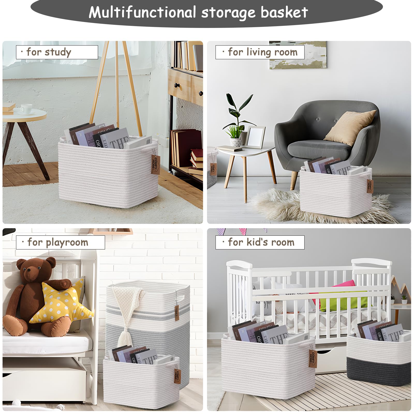 COMFY-HOMI - Paquete de 3 cestas cuadradas de cuerda de algodón con asas para estantes, cesta de juguetes para perros y almacenamiento, cesta de bebé para regalo, cesta de zapatos para organizar la