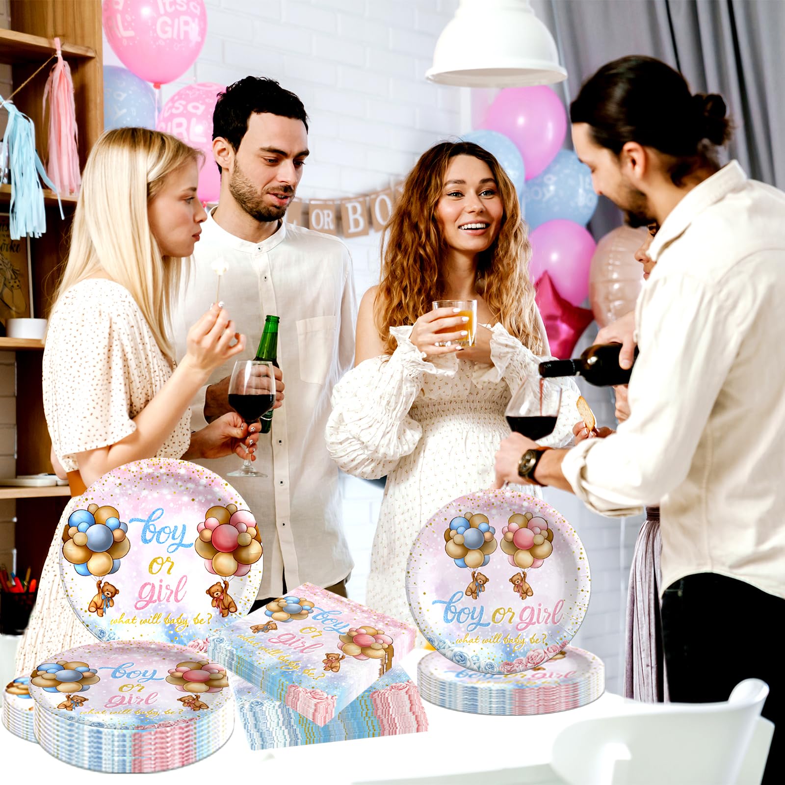 Decoración de revelación de género de oso - Vajilla de revelación de género de oso rosa y azul, suministros de servilletas, platos y servilletas para decoración de baby shower para 20 invitados