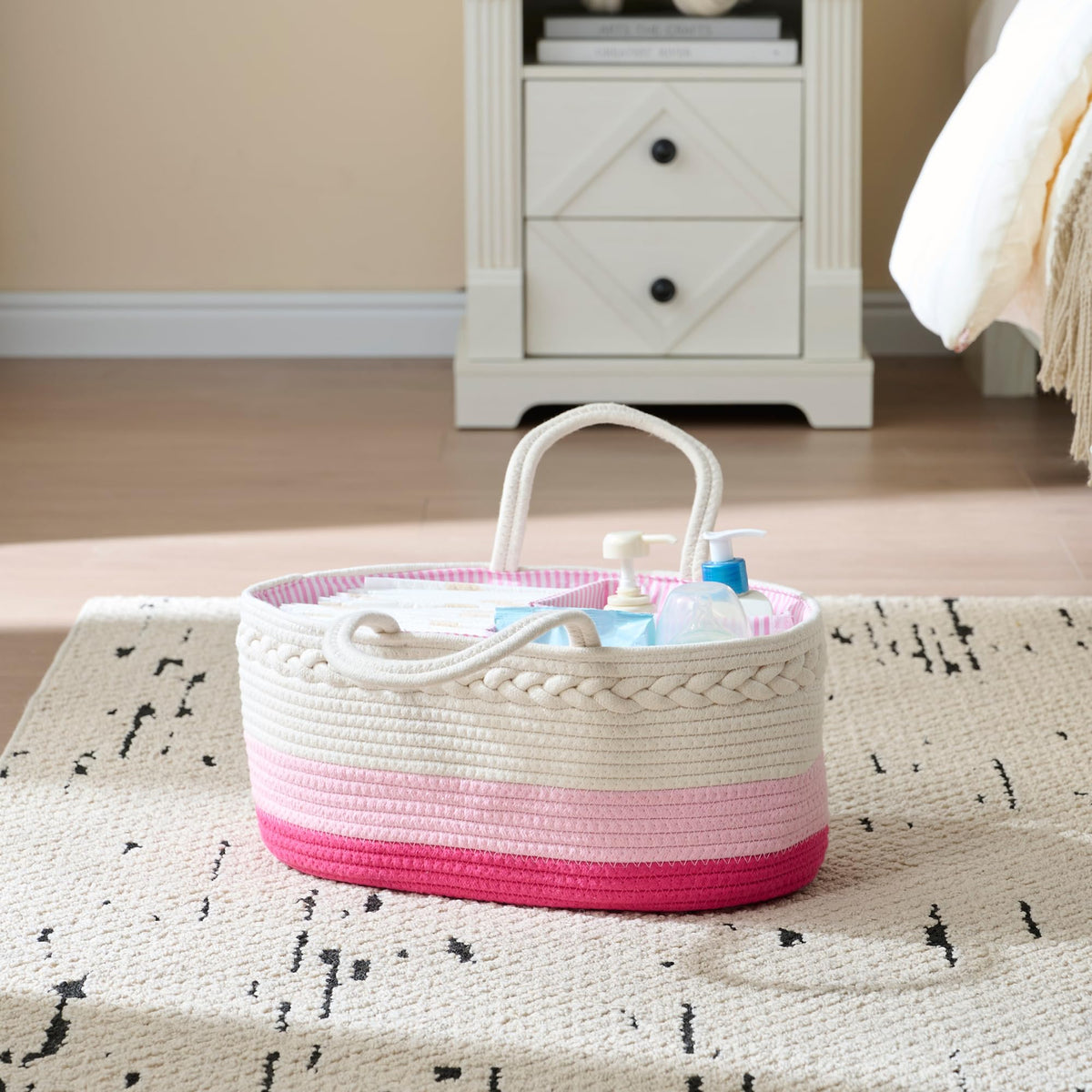 luxury little Organizador de pañales para bebé, cesta de pañales extragrande con cuerda de algodón para guardería, organizador de cambiador, bolsa portátil con divisor, almacenamiento de coche, regalos de baby