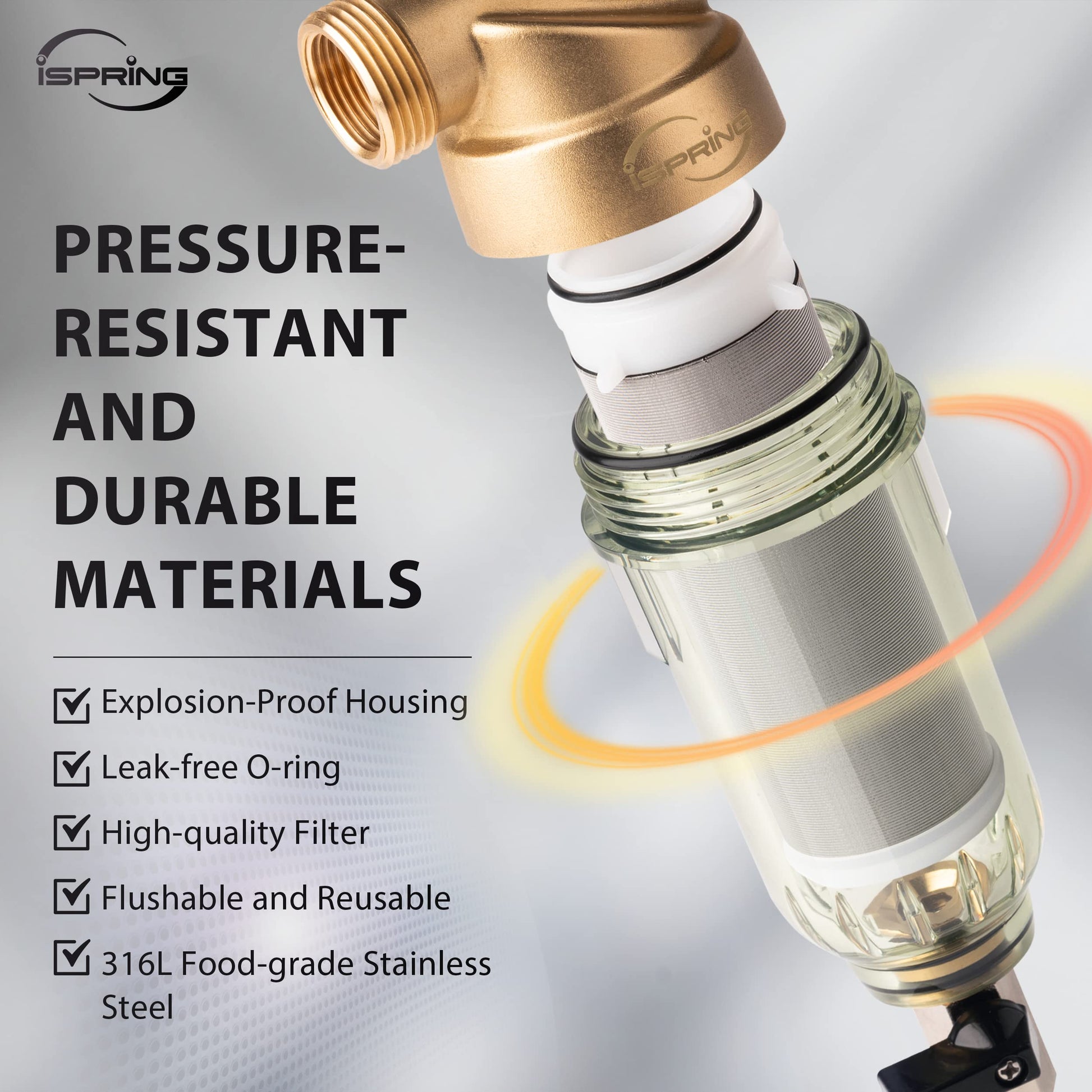 iSpring WSP-50SL Filtro de Agua Reutilizable para Sedimentos de Toda la Casa, Incluye Silifos para Ayudar a Prevenir la Escala y la Corrosión, 1" MNPT + 3/4" FNPT, 50 Micrones