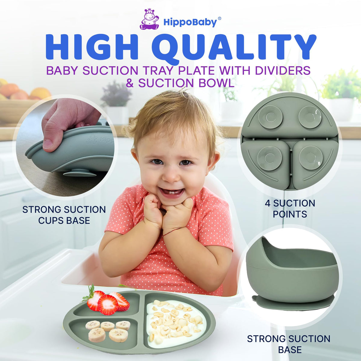 HippoBaby Suministros para destete guiado por el bebé | Juego de alimentación para bebé de 10 piezas de silicona, babero de bebé y niño, taza, plato dividido y tazón, cucharas para autoalimentación