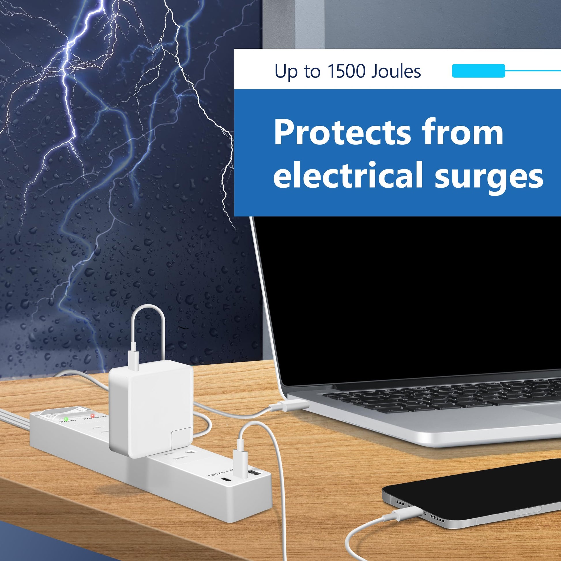 LIDER Extensor de salida con 4 receptáculos, USB tipo A y 2 USB tipo C, enchufe plano ultrafino, tira de alimentación de 4 tomas, ángulo de 45 grados, protector de sobretensiones, 1500 julios, cable