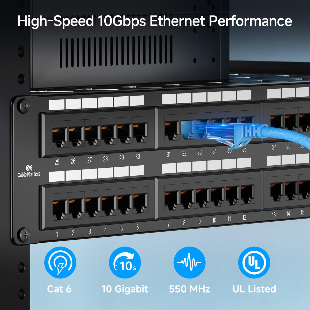 Panel de Conexión Cable Matters 48 Puertos Cat6 10Gbps con Barra de Soporte
