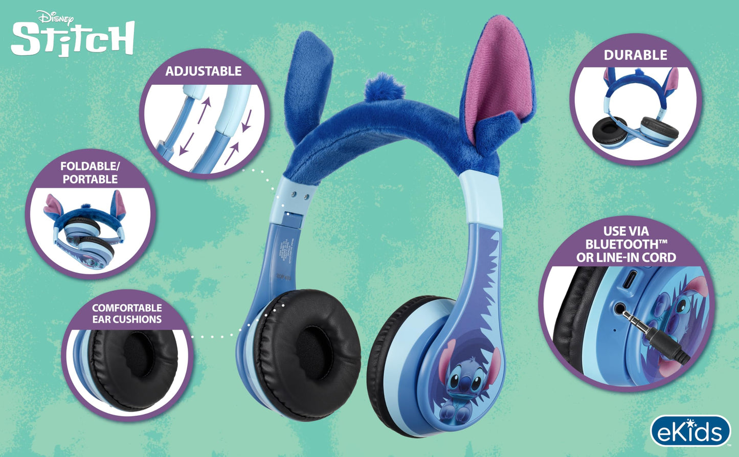 Auriculares Inalámbricos eKids Disney Stitch Azul con Micrófono y Reducción de Volumen para Niños