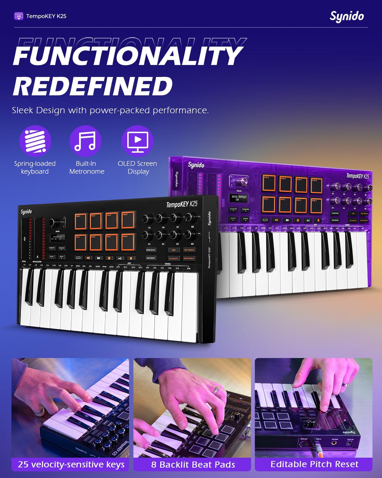 Teclado MIDI USB Synido Negro con Visualización OLED y Almohadillas de Tambor para Producción de Música