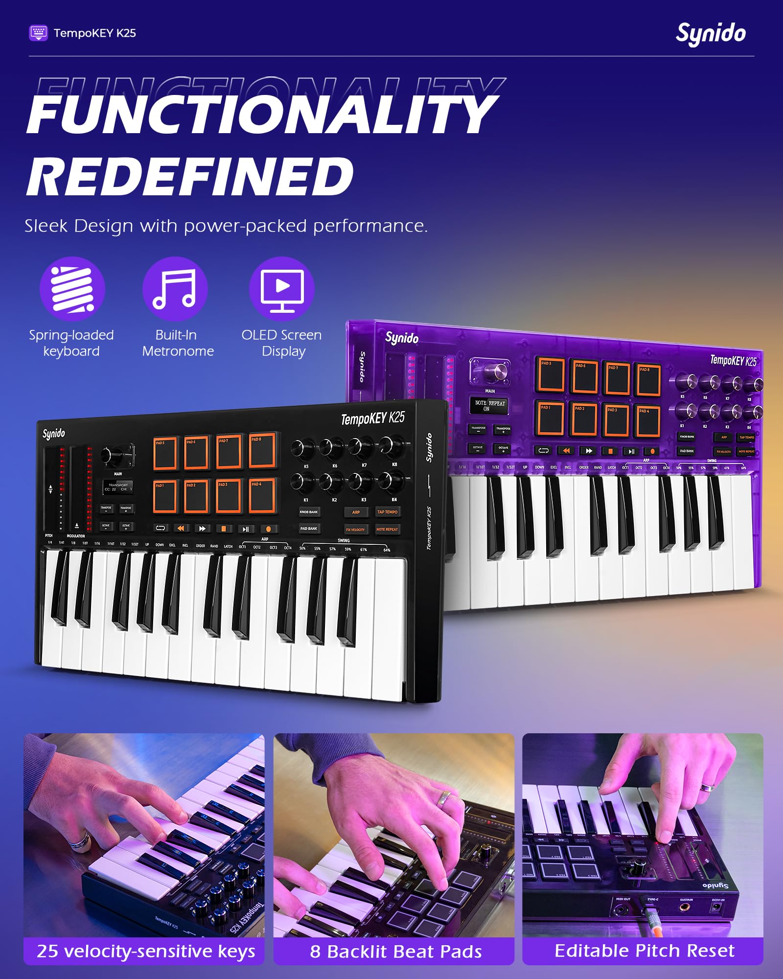Teclado MIDI USB Synido Negro con Visualización OLED y Almohadillas de Tambor para Producción de Música