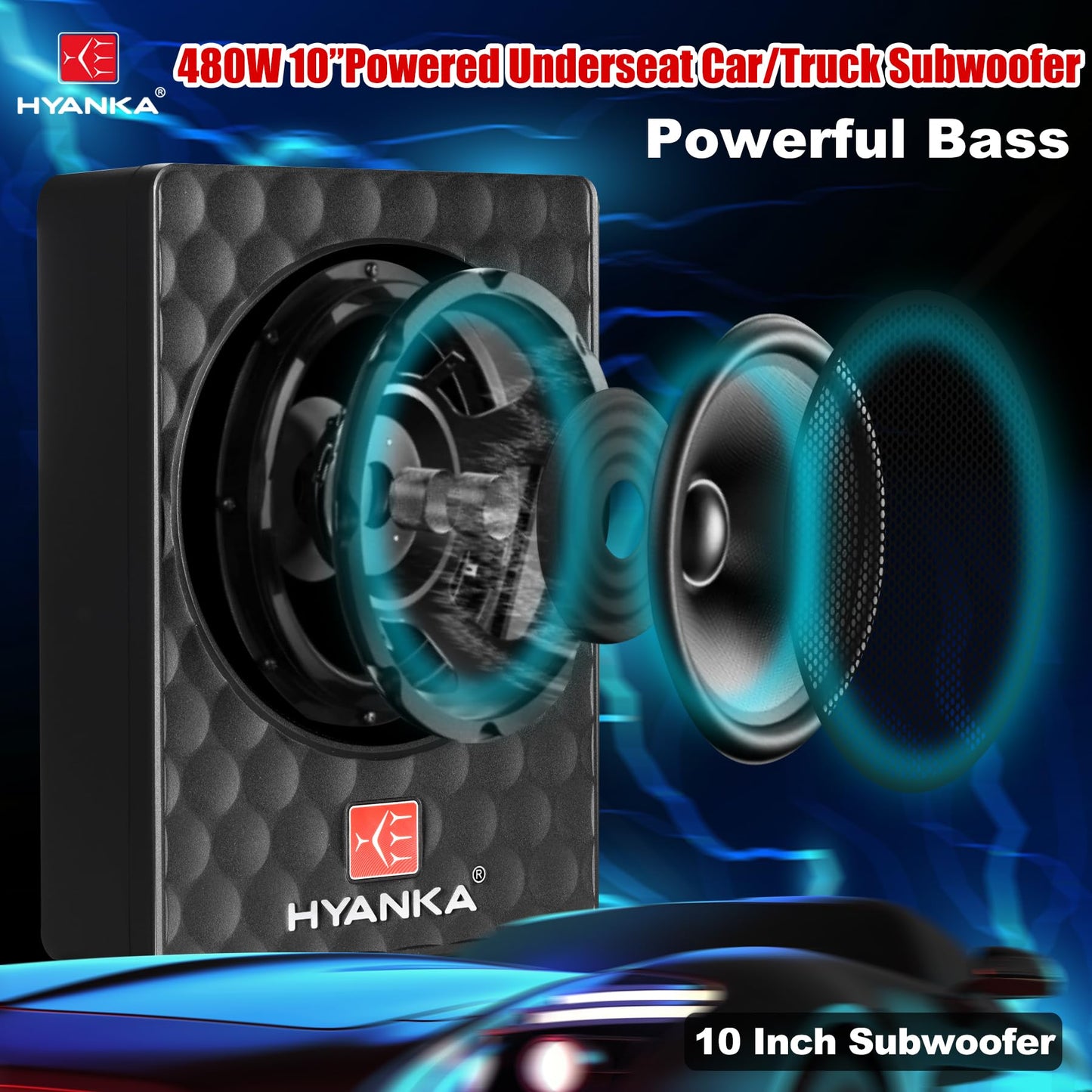 H YANKA SODA-10ASW 480 W Potencia máxima (120 W RMS) Subwoofer compacto bajo asiento de 10 pulgadas con amplificador incorporado, subwoofer de potencia delgada para audio de coche/camión/jeep