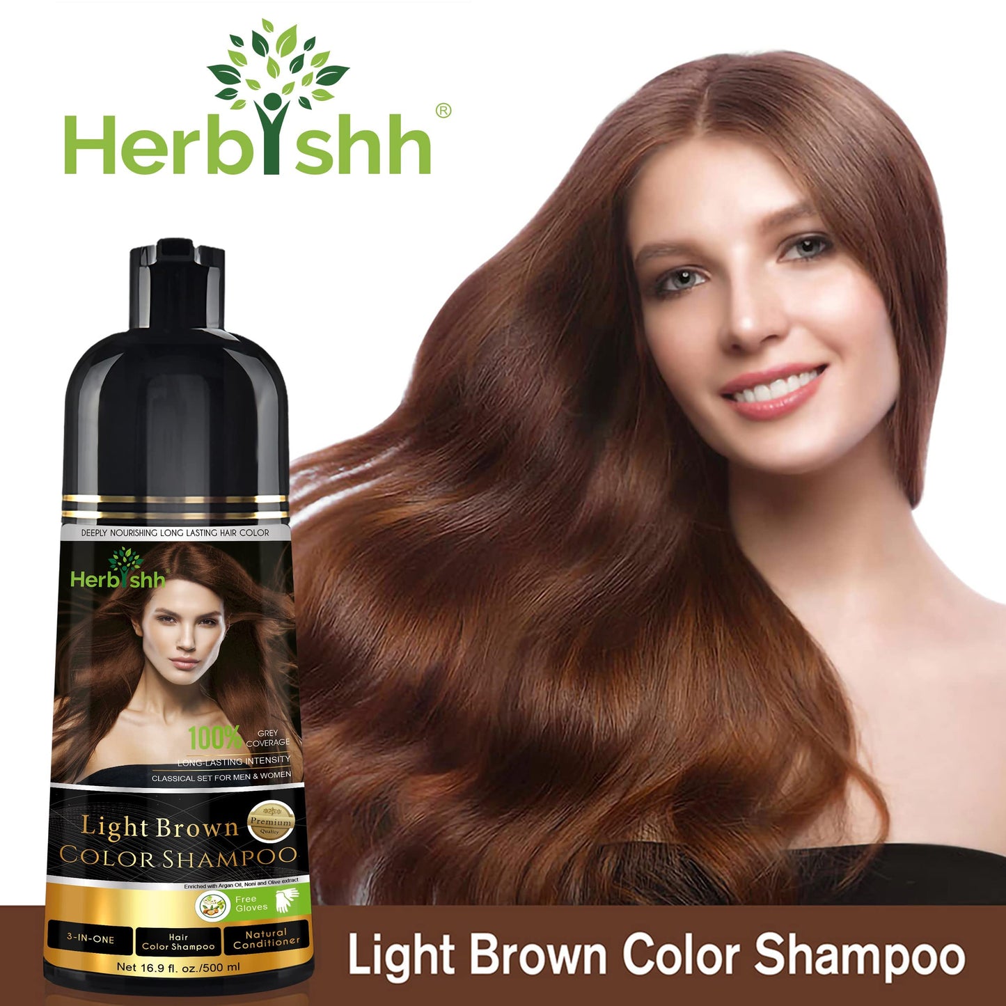 Herbishh - Champú colorante para cabello gris, champú con tinte natural para el cabello, colorea el cabello en minutos, dura hasta de 3 a 4 semanas, 500 ml, tinte de cabello 3 en 1, sin amoniaco | (marrón claro)