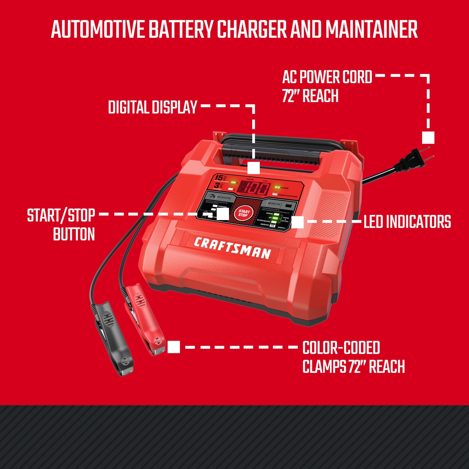 Craftsman Cargador y mantenedor de batería, CMXCESM162, 4 en 1, Completamente automático, probador de batería, 15 amperios, 6 voltios, 12 voltios, para automóviles, SUV, Camiones y baterías Marinas