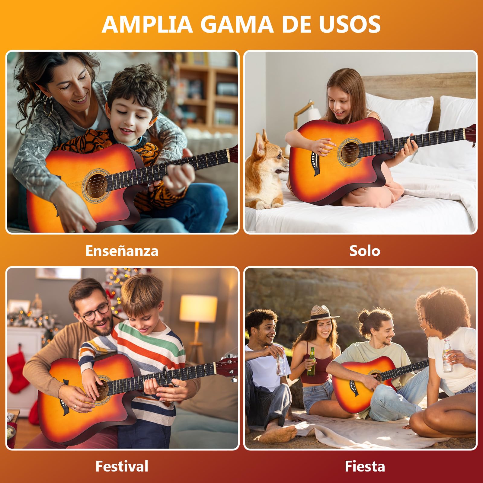 Guitarra Acústica, MTQ Guitarra Acustica con Estuche, Correa, Cuerdas, Púas, Guitarra Acustica de 38 Pulgadas, 6 Cuerdas de Metal. (Marrón)