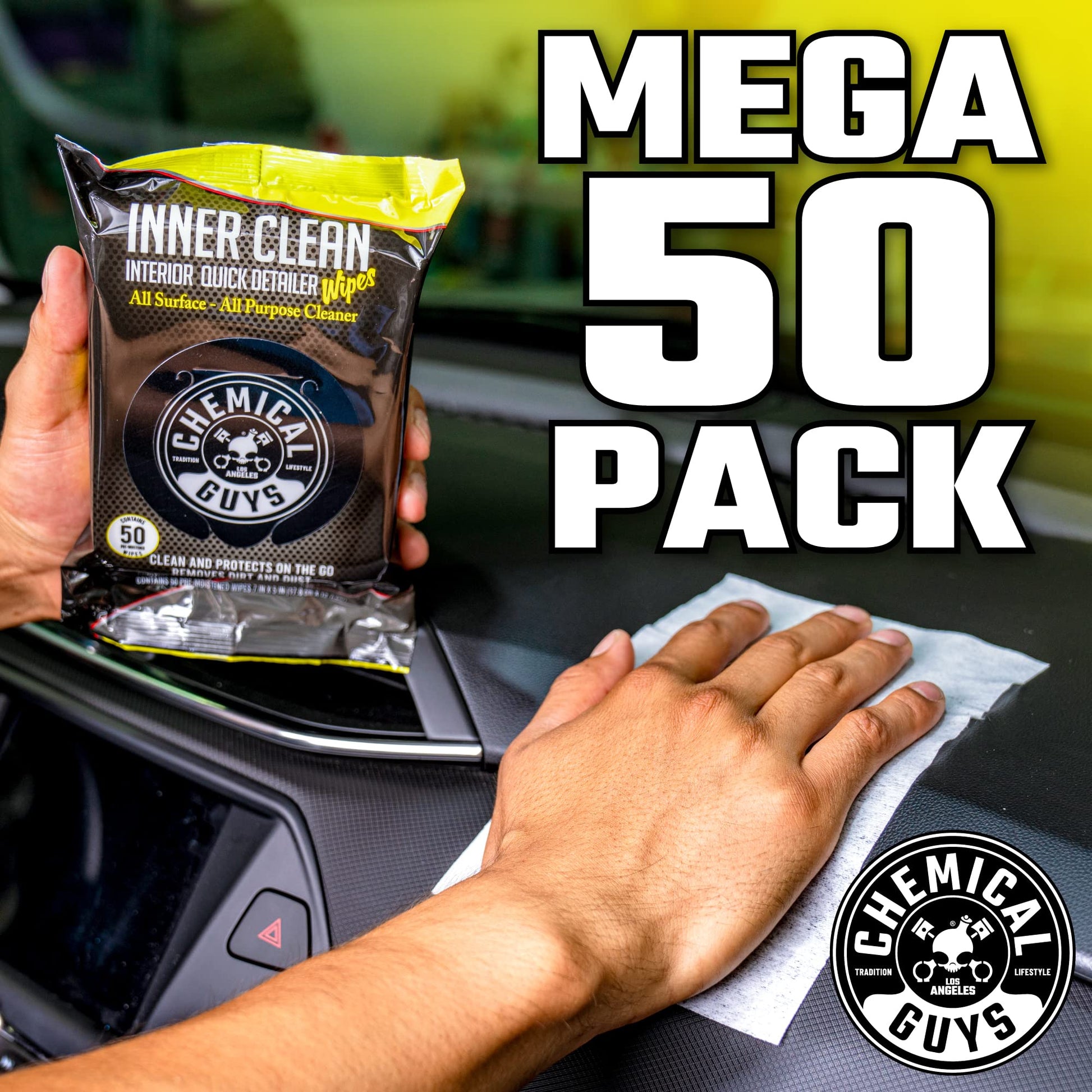Chemical Guys Paquete Mega 50 Toallitas Detalladoras y Protectoras InnerClean Interior de, seguras para coches, camiones, todoterrenos, motocicletas, vehículos recreativos y más, (50 uds.)