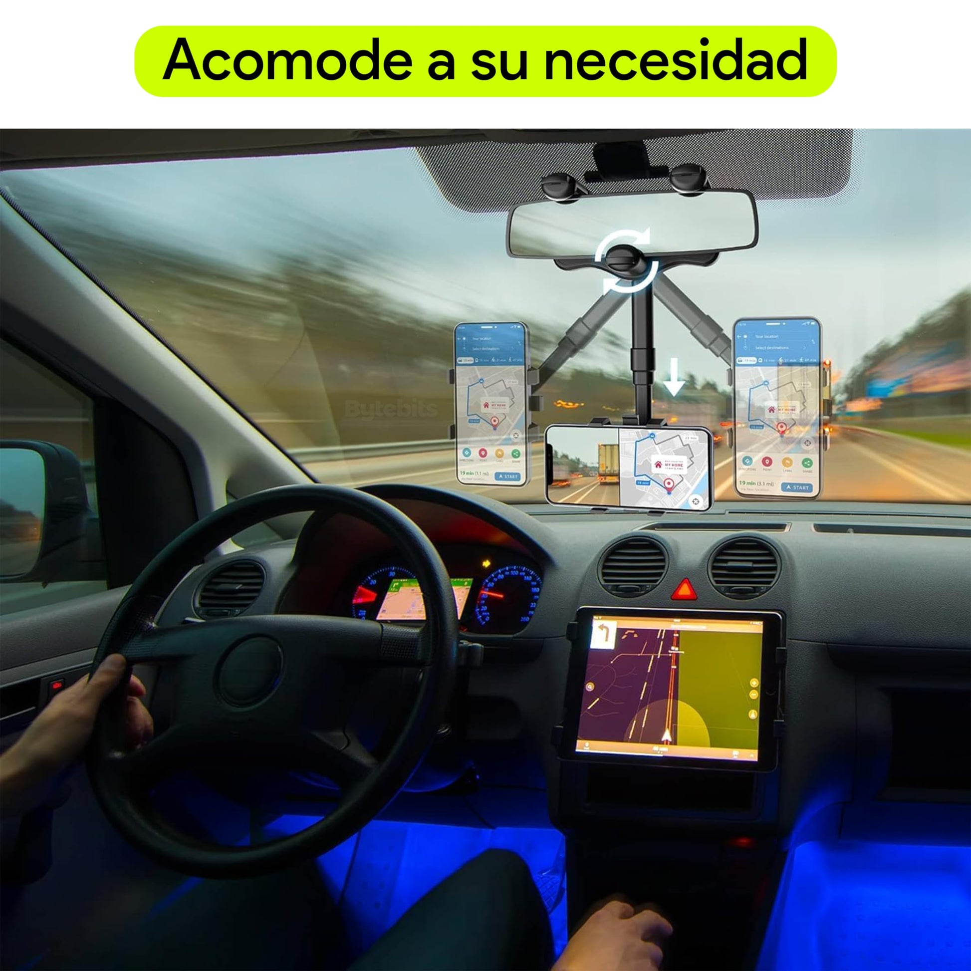 Bytebits Soporte de Retrovisor de Coche Base para Celular Multi ángulo con Rotación de 360 Grados Multi posición Horizontal y Vertical para Espejo de Automóvil Universal