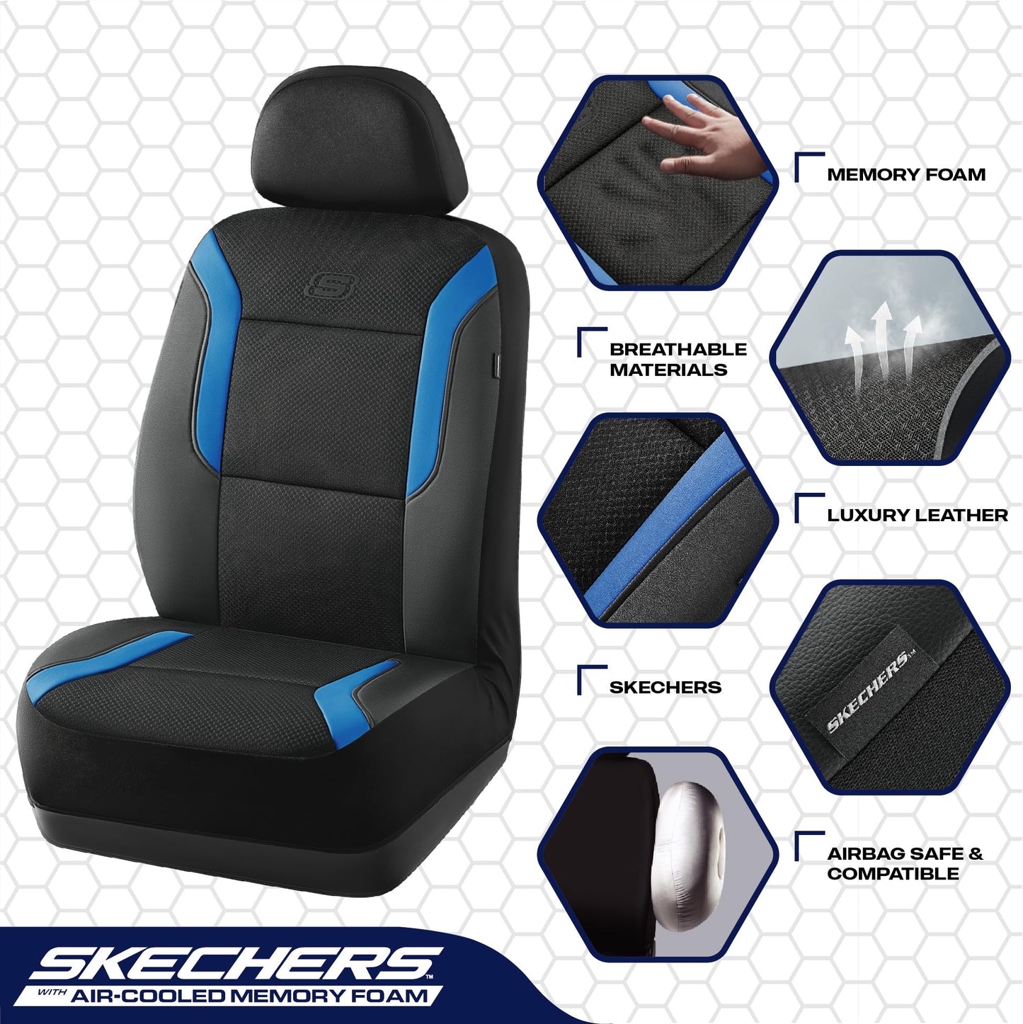 Skechers Memory Foam™ - Fundas de asiento de coche de piel asiento delantero, compatible con airbag, comodidad y protección automotriz para la mayoría de vehículos, azul