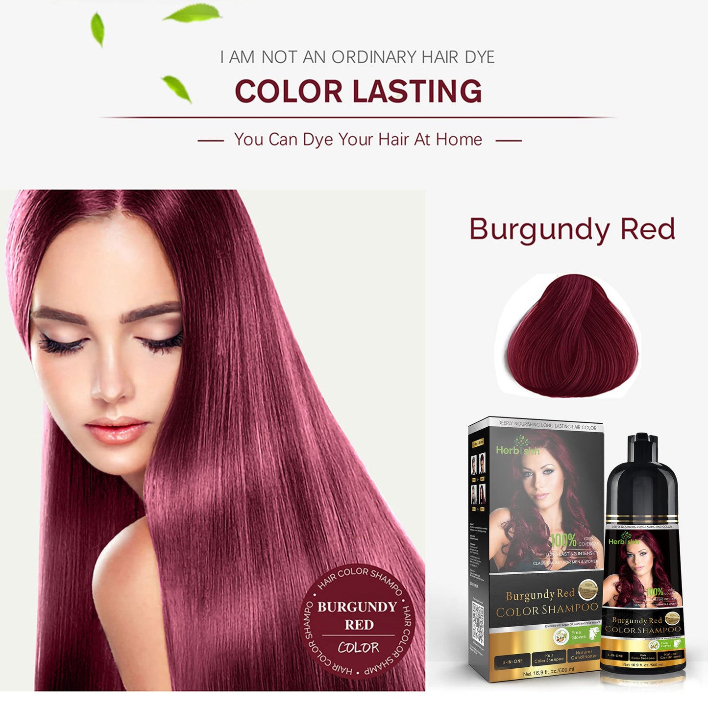 Herbishh - Champú colorante para cabello gris, champú con tinte natural para el cabello, colorea el cabello en minutos, dura hasta de 3 a 4 semanas, 500 ml, tinte de cabello 3 en 1, sin amoniaco | (Borgoña)