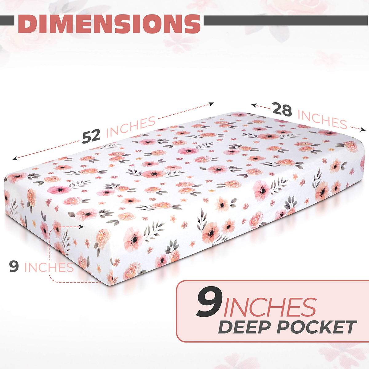 Minika Sábana para cuna de niña con diseño floral, 100% algodón finamente peinado, transpirable, súper suave, acuarela, rosa, para bebé, 52 x 28 x 9 pies, se adapta a colchones estándar