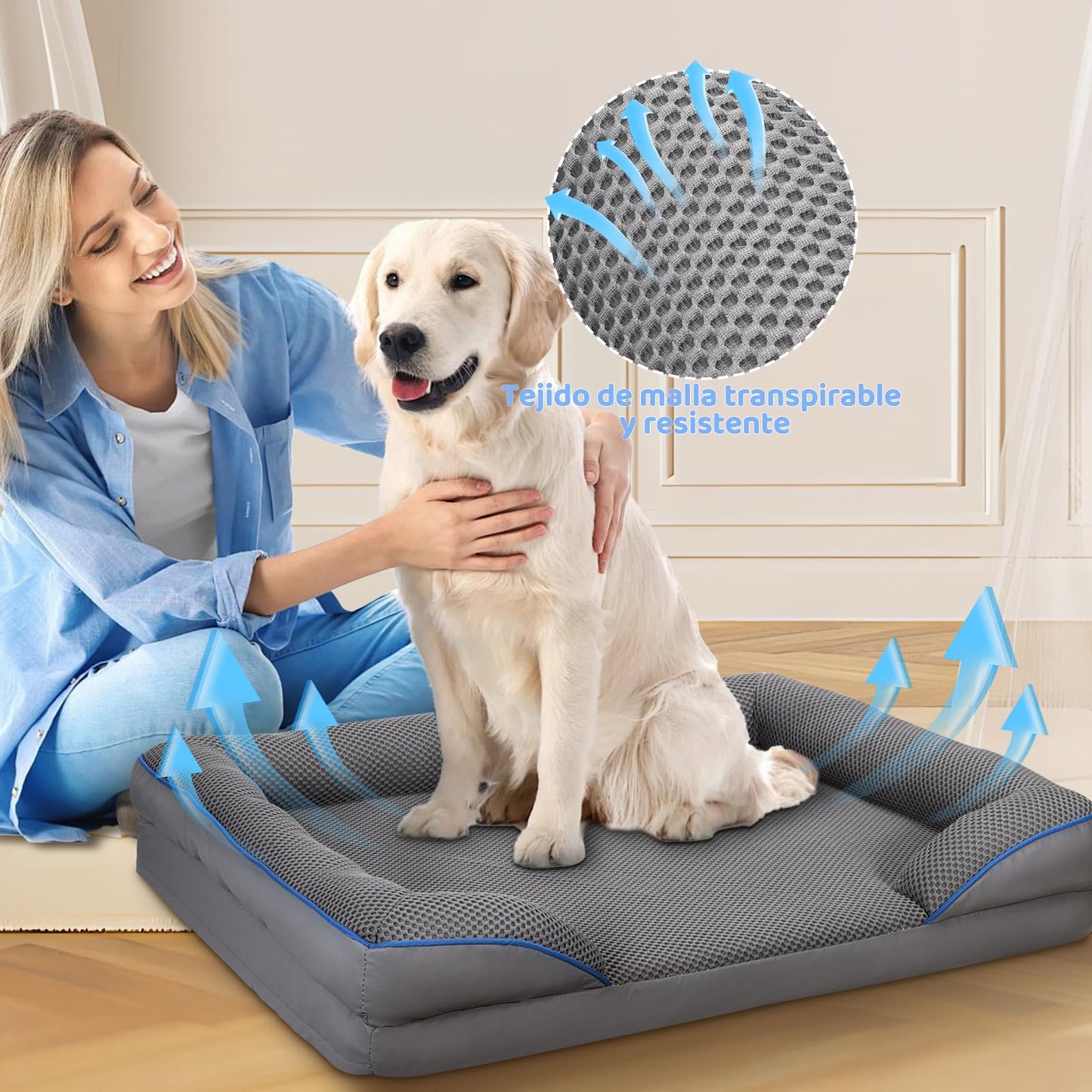 Cama Ortopédica para Perro Mediano wishkit Gris con Fondo Antideslizante y Bordes Acolchados
