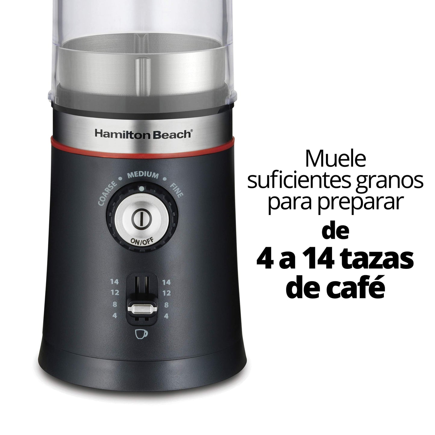 Hamilton Beach 80393 Molino de Café, Manos Libres, con Configuraciones de Tipo de Molido, Negro