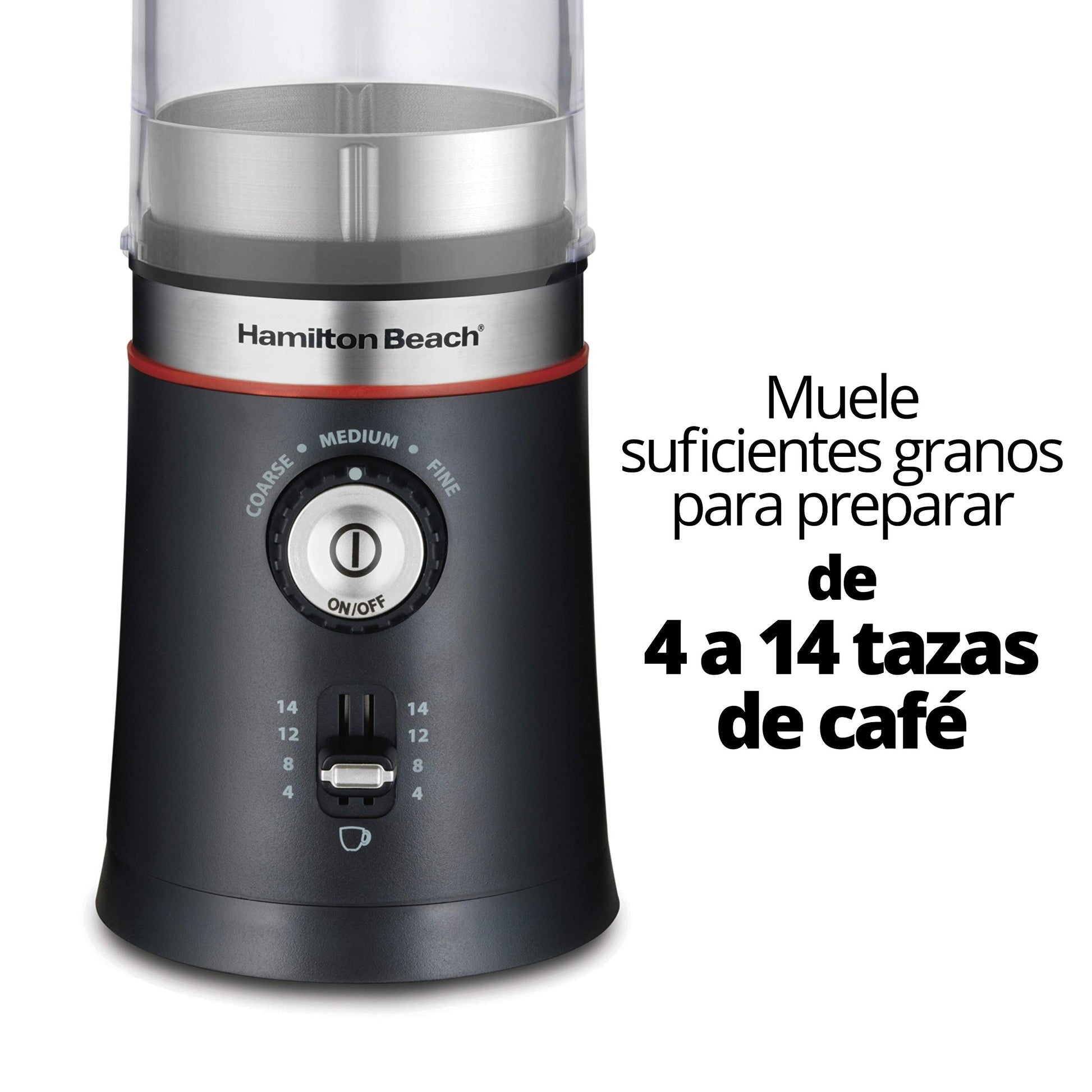 Hamilton Beach 80393 Molino de Café, Manos Libres, con Configuraciones de Tipo de Molido, Negro