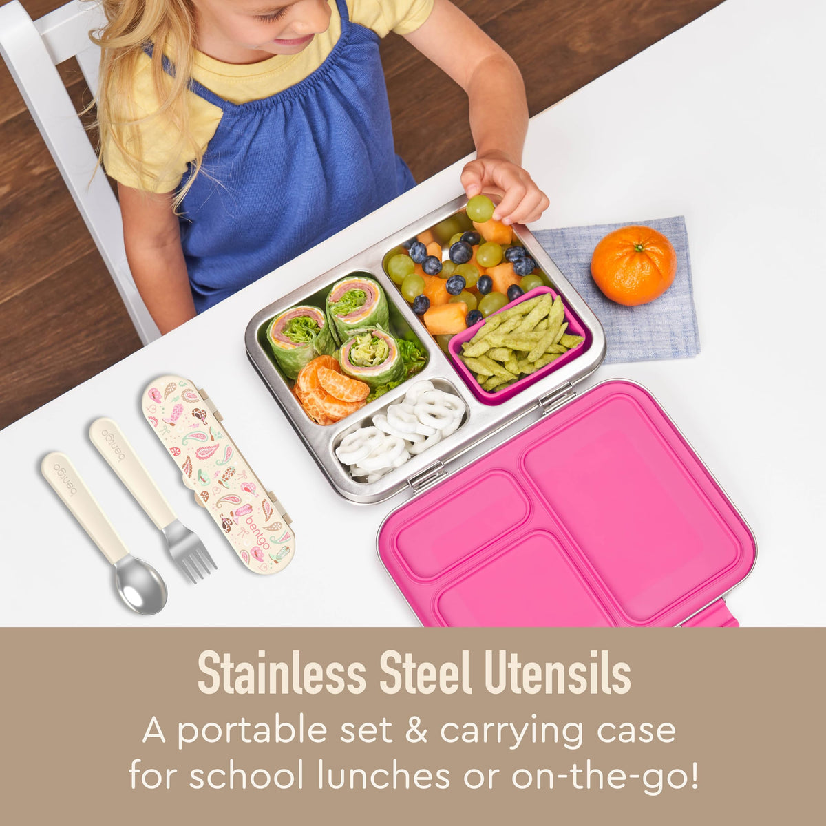Bentgo Kids - Juego de utensilios de acero inoxidable para niños, tenedor, cuchara y estuche de almacenamiento reutilizables, sin PFAS y BPA, asas de fácil agarre, ligeras, aptas para lavavajillas