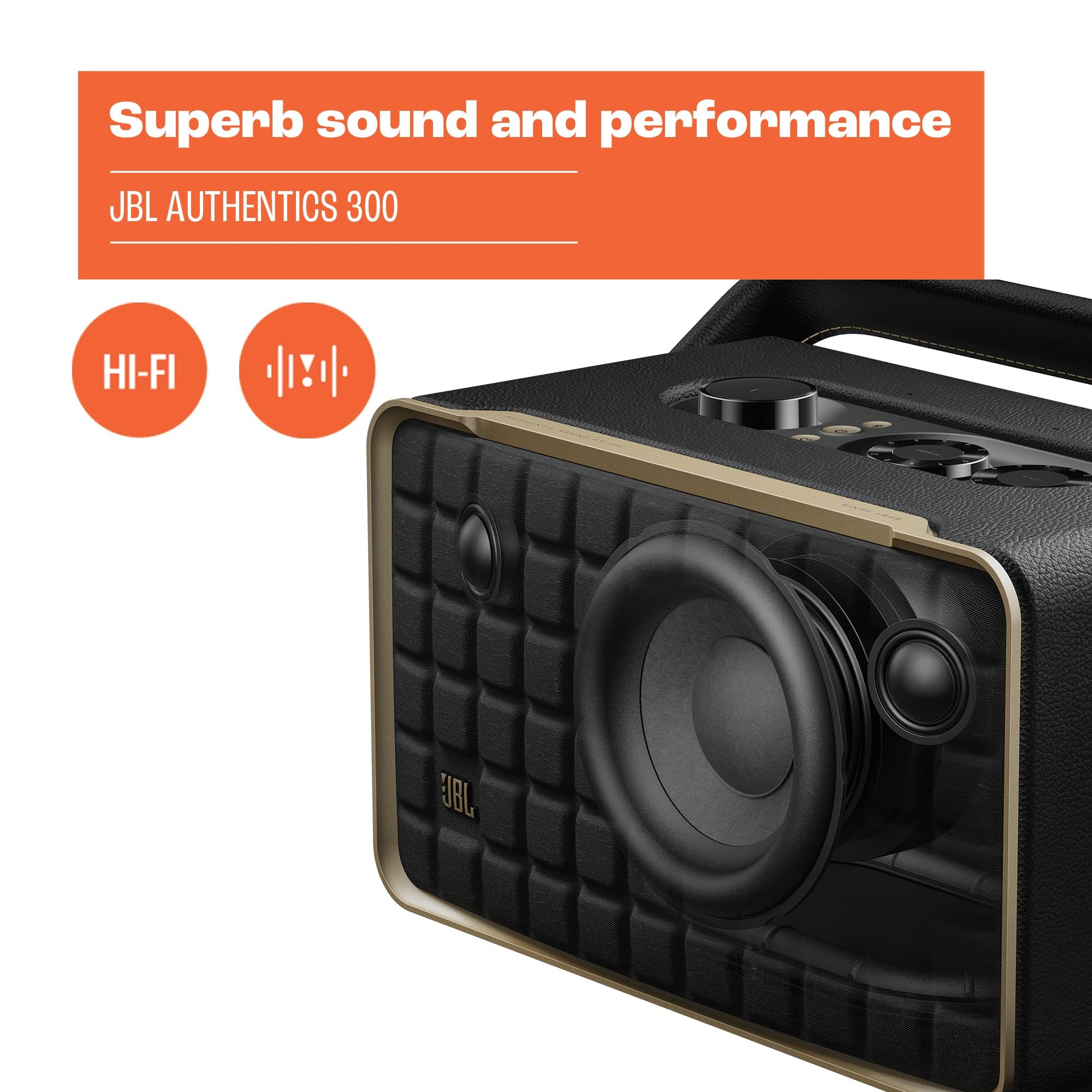 JBL Authentics 300 Bocina Portátil Wi-Fi/Bluetooth, 100W de Potencia, Reproducción 8 Horas, Asistentes de Voz - Negro