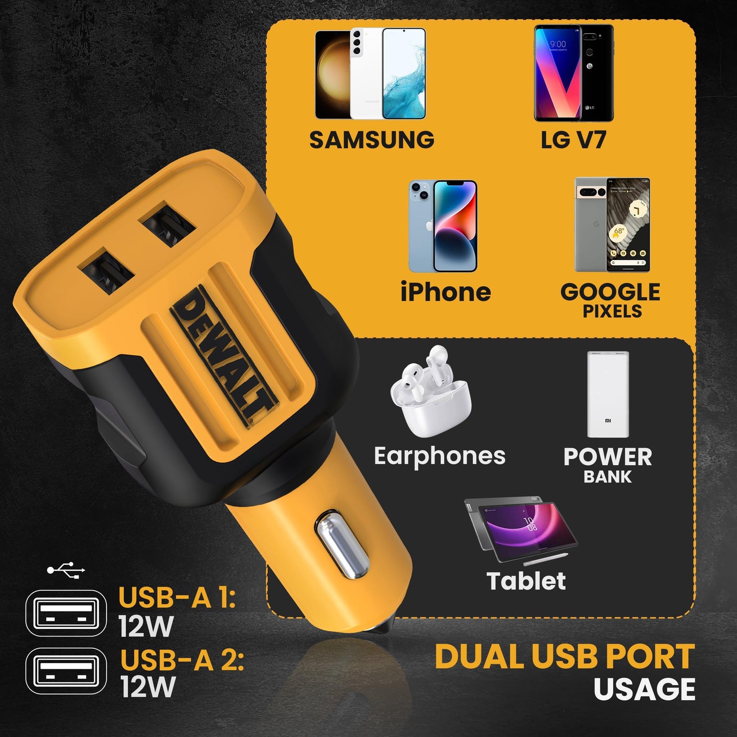 Dewalt Cargador de Coche USB de 2 Puertos - Carga rápida de 24W USB-A de Doble Puerto para iPhone 14 13 12 11 Pro MAX X XR XS 8 Plus 6s iPad - Compatible con Samsung Galaxy S22 S21 S10 Plus S7 GPS