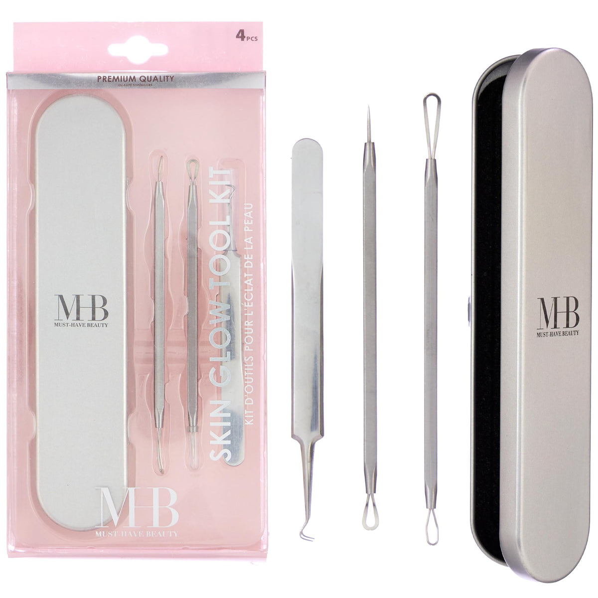 EXPRESSIONS Kit de 4 Herramientas para Iluminar La Piel, Set Profesional para Eliminar Puntos Negros con Herramientas Faciales de Acero Inoxidable Y Estuche | Suministros de Estética, Kit de Extracció