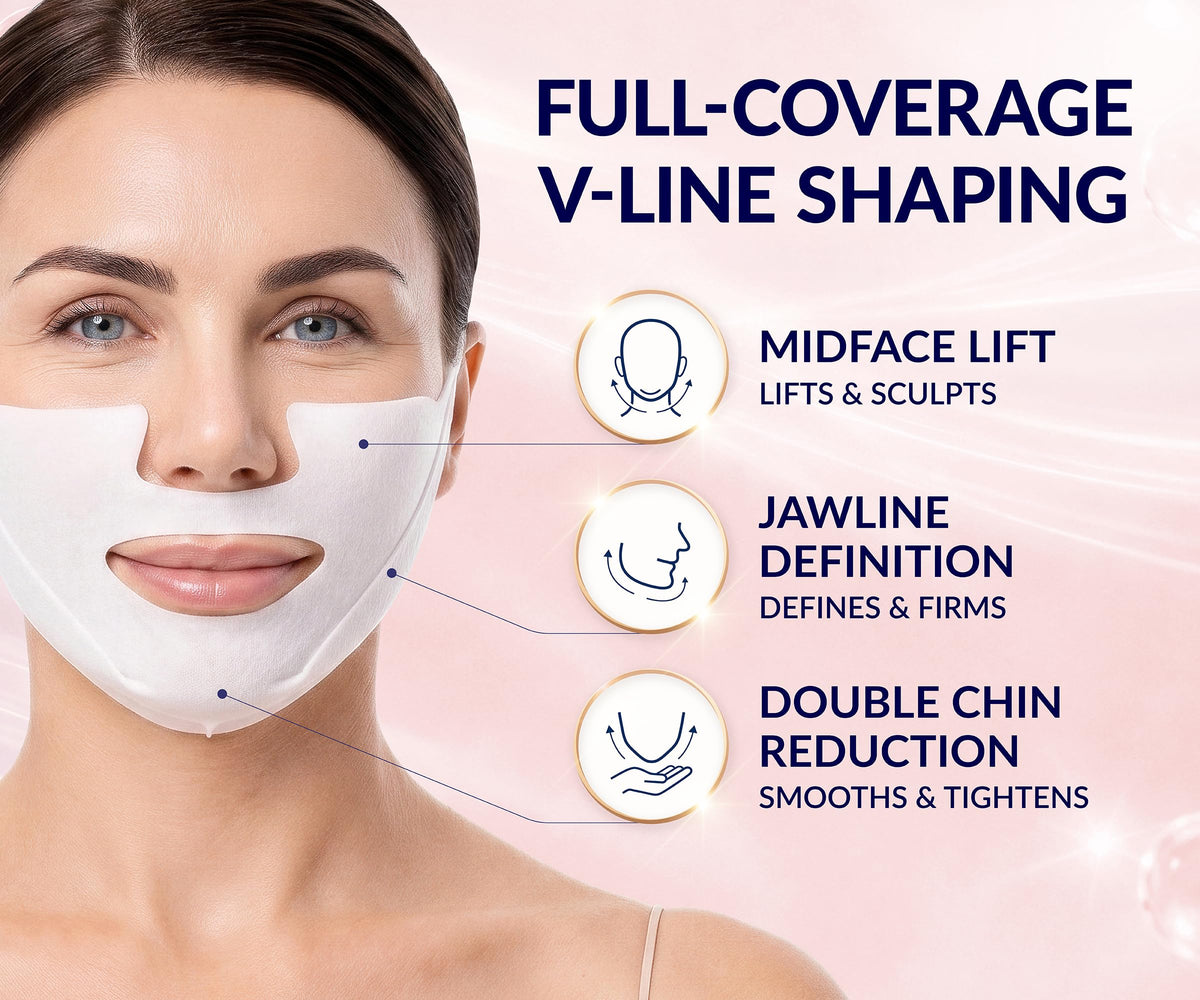 Stylia Mascarilla facial de colágeno MaxiLift V-Line Lifting - Doble mentón - Reductor de mandíbula - Mascarilla reafirmante y tensora de cuello con ácido hialurónico y aloe vera - Mentonera para dorm
