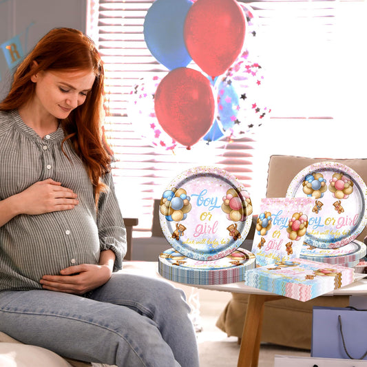 Decoración de revelación de género de oso - Vajilla de revelación de género de oso rosa y azul, suministros de servilletas, platos y servilletas para decoración de baby shower para 20 invitados