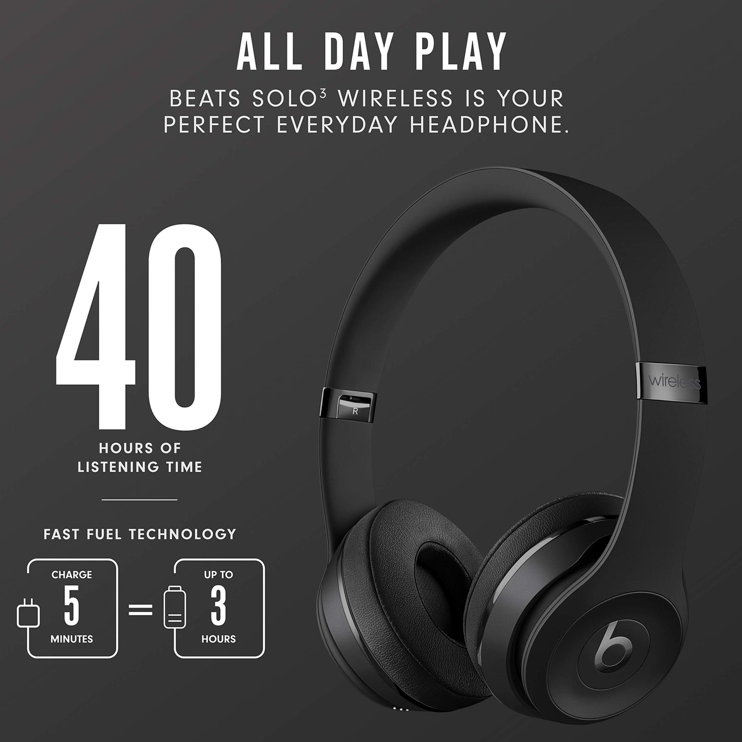 Beats Audífonos on-Ear Solo3 Wireless, Chip W1 para audífonos diseñado por Apple, Bluetooth Class 1, 40 Horas de Audio - Negro