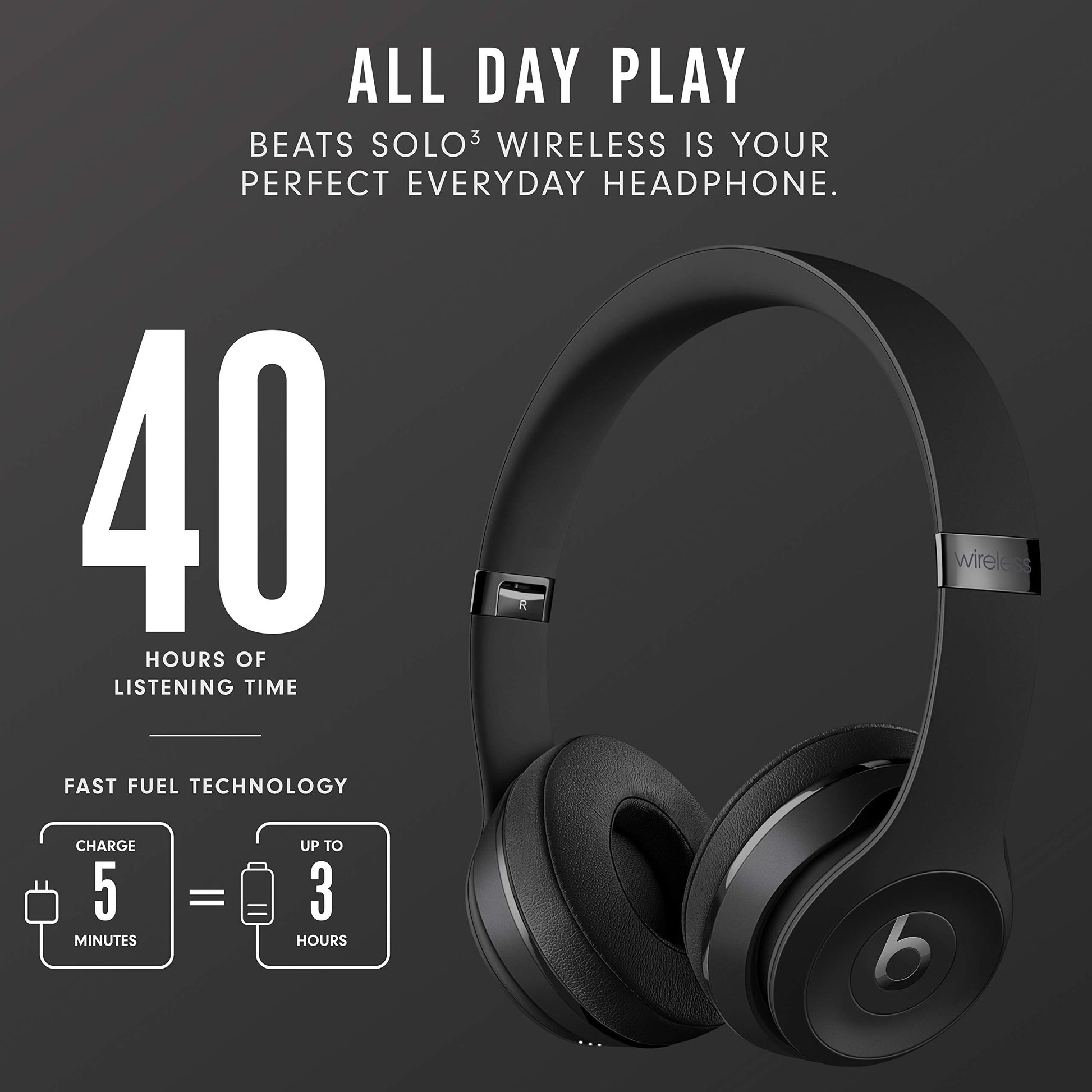 Beats Audífonos on-Ear Solo3 Wireless, Chip W1 para audífonos diseñado por Apple, Bluetooth Class 1, 40 Horas de Audio - Negro