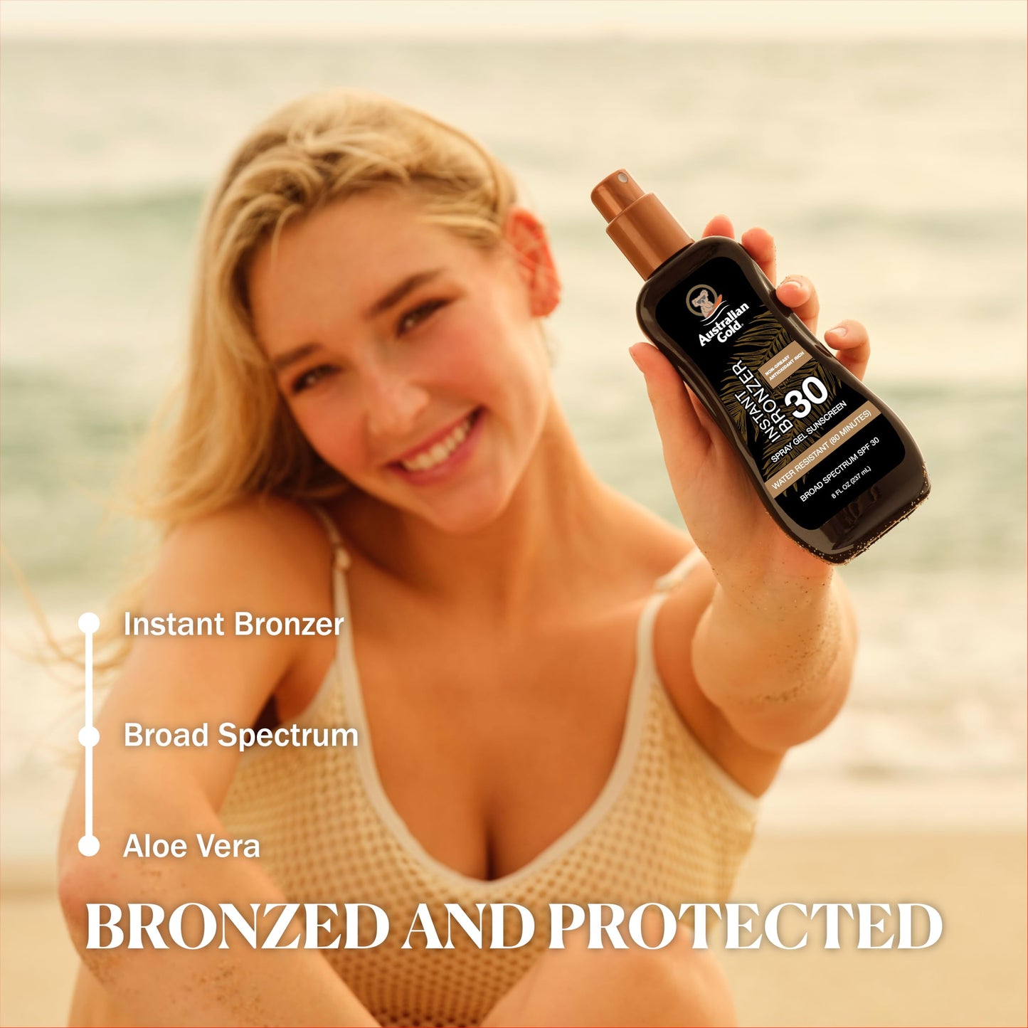 AUSTRALIAN GOLD SPF 30 Spray Gel Sunscreen with Instant Bronzer 8 fl oz (237 ml) Protector Solar en Gel En Spray FPS 30 Bronceador Instantáneo