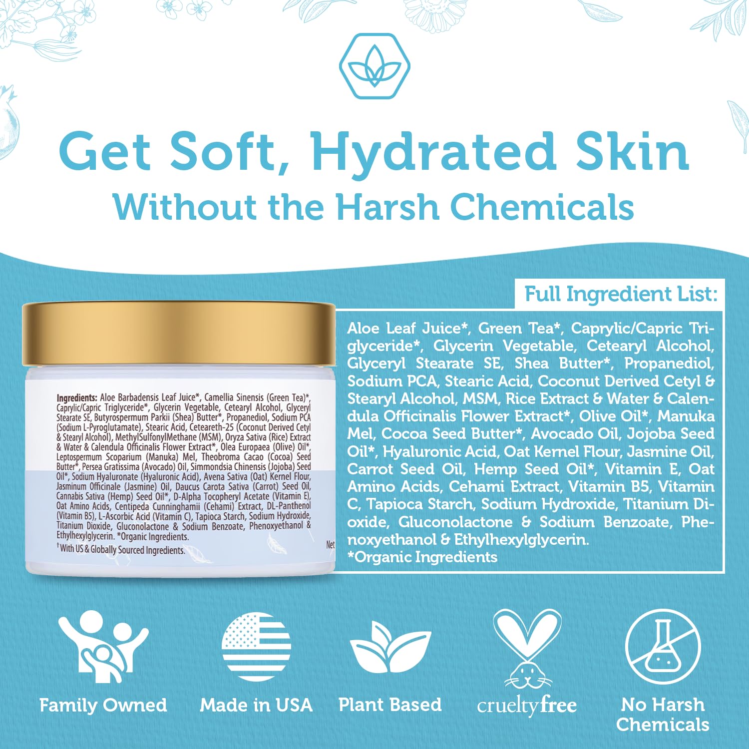 Rejuvenating Natural Face Moisturizer Cream - Extra Hydrating 16-in-1 Facial Cream For Dry Skin With Manuka Honey, Cocoa Butter, Avocado Oil, Jojoba Oil - pH Balanced Non Greasy Day & Night Cream