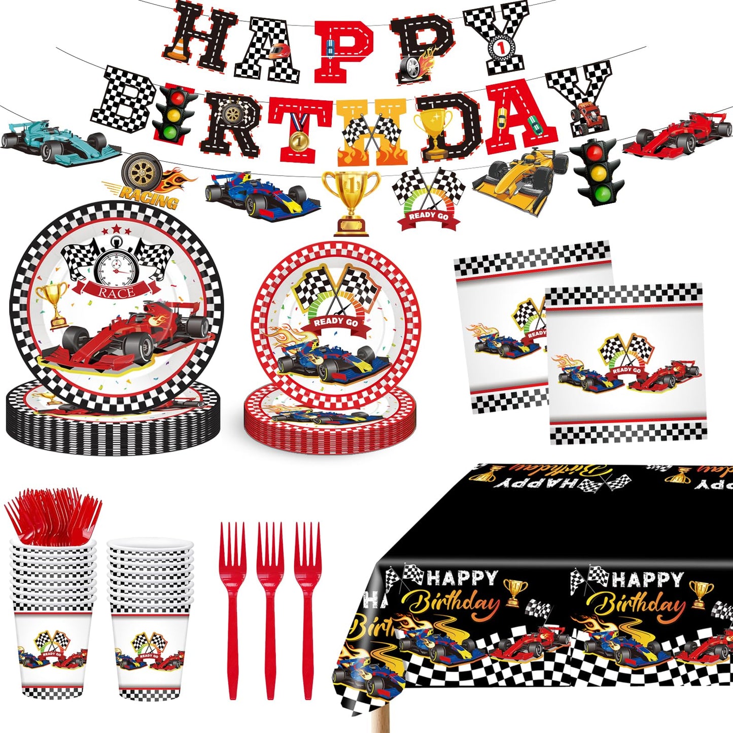 Bzxxysi - Juego de vajilla para fiesta de cumpleaños para coche, diseño rojo y negro, incluye platos, servilletas, tazas, tenedores, mantel, pancartas para 24 invitados