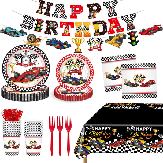 Bzxxysi - Juego de vajilla para fiesta de cumpleaños para coche, diseño rojo y negro, incluye platos, servilletas, tazas, tenedores, mantel, pancartas para 24 invitados
