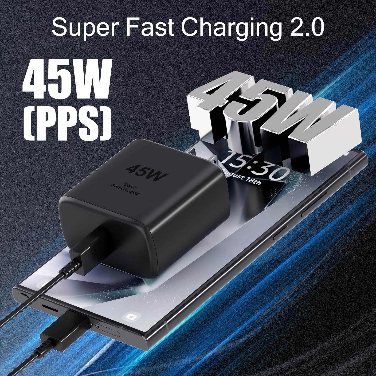 Cargador Samsung 45W Super Rápido USB C, Compatible con Samsung Galaxy S25/S24/S23/S22 Ultra, Cargador de Repuesto, 2 en 1, Viaje, 18 Meses de Garantía